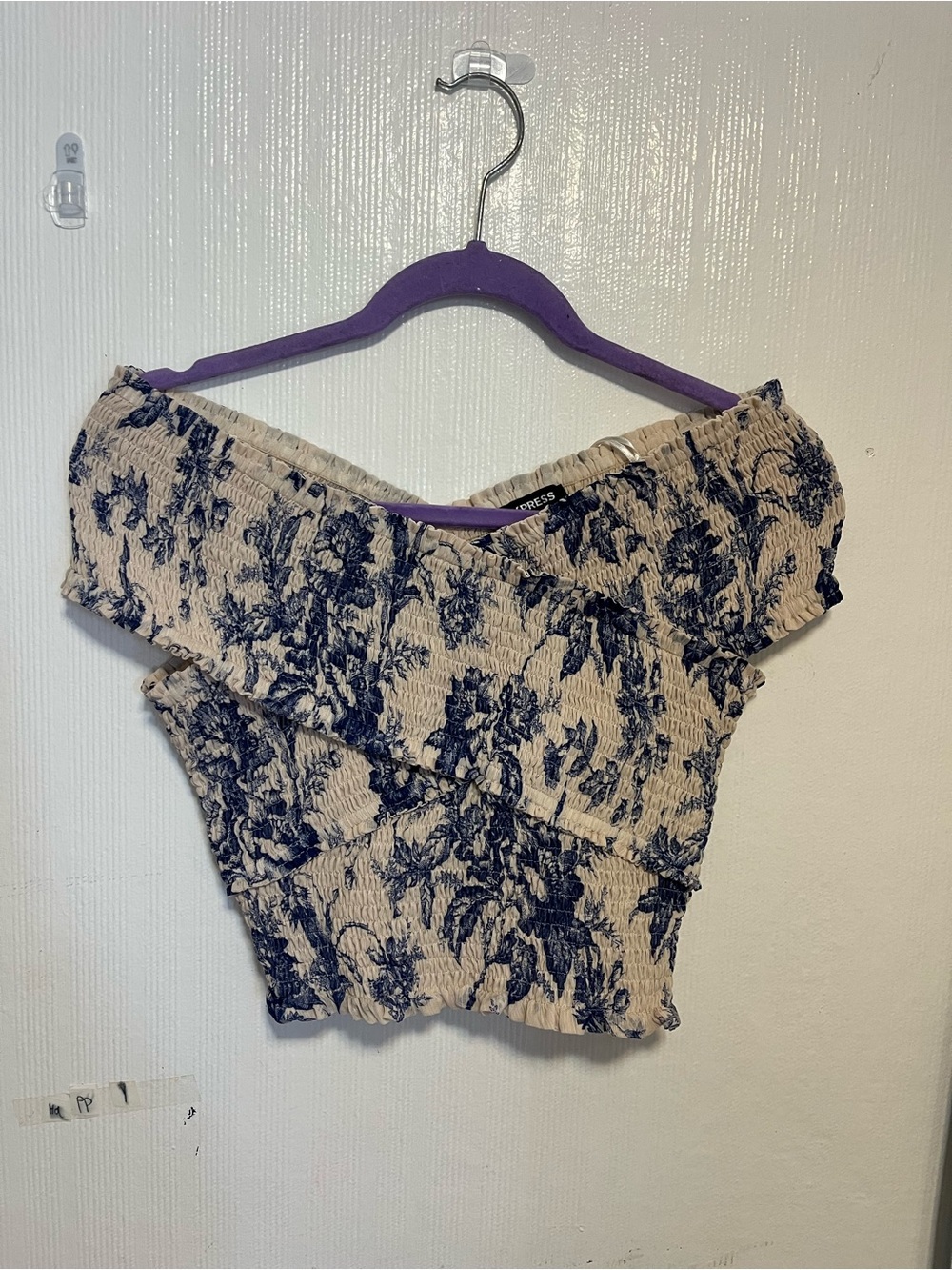 Express Beige Off-Shoulder Smocked Crop Top with Navy Floral Print